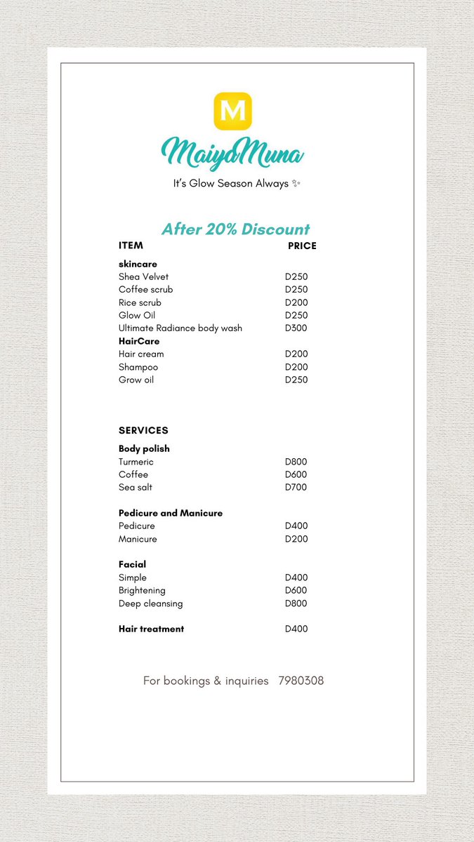 ✨EID SALE ✨
Treat yourself &amp; enjoy up to 20% OFF on all products and services this festive season 🌙

Bookings can be done through Dm or direct call 7980308 
#glowseasonalways #maiyamuna #eidmubarak