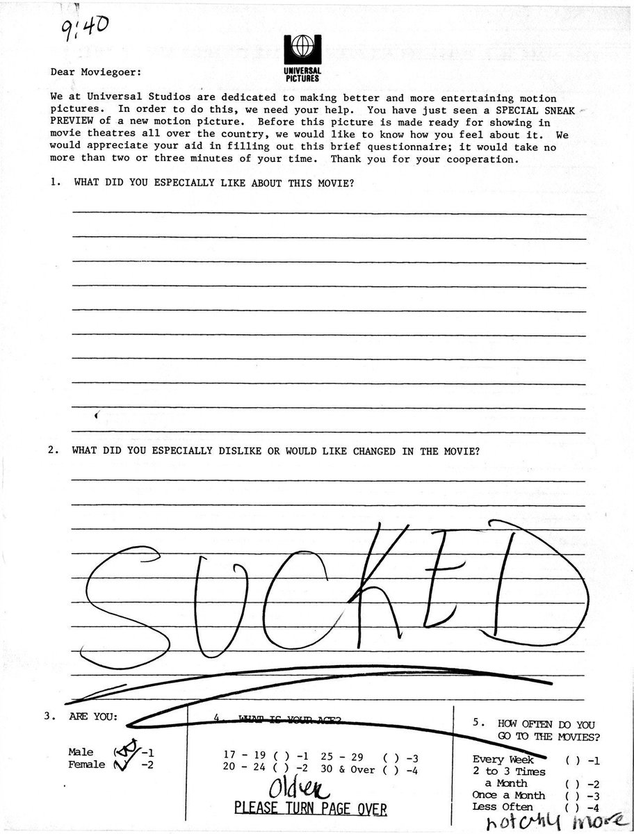 Comment card from a test screening of David Cronenberg's VIDEODROME, 1983.