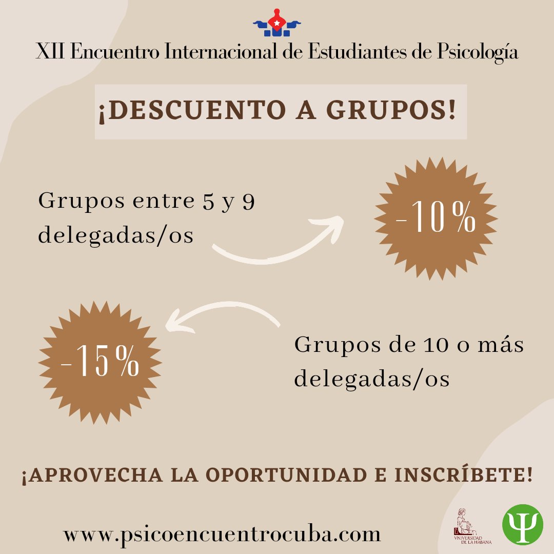psiencuentro_cu's tweet photo. Estamos cada vez más cerca nuestro XII Encuentro. Puedes inscribirte con tus colegas y recibir un descuento.

Disfruta de una variedad de actividades científicas, culturales y deportivas, llenas de diversidad y saberes.

Aprovecha la oportunidad 👇
https://t.co/ixzvVrHg2d https://t.co/hagZTW8w2l
