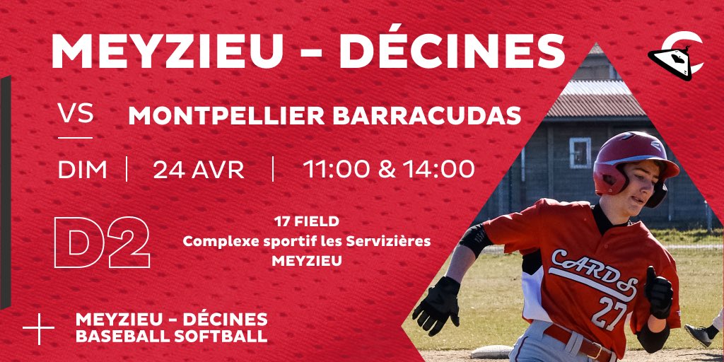 ⚾️ Championnat de France Division 2
📆 Dimanche 24 Avril
🆚 Montpellier 
⏰ ⚠️ playball 12h &amp; 15h 
📺 à suivre sur notre chaine Youtube 
📌 17Field au complexe servizieres - Meyzieu
👉 La buvette sera ouverte

Chaine Youtube des Cards : youtube.com/channel/UCAh1q…

🔴 Go Cards ⚫️