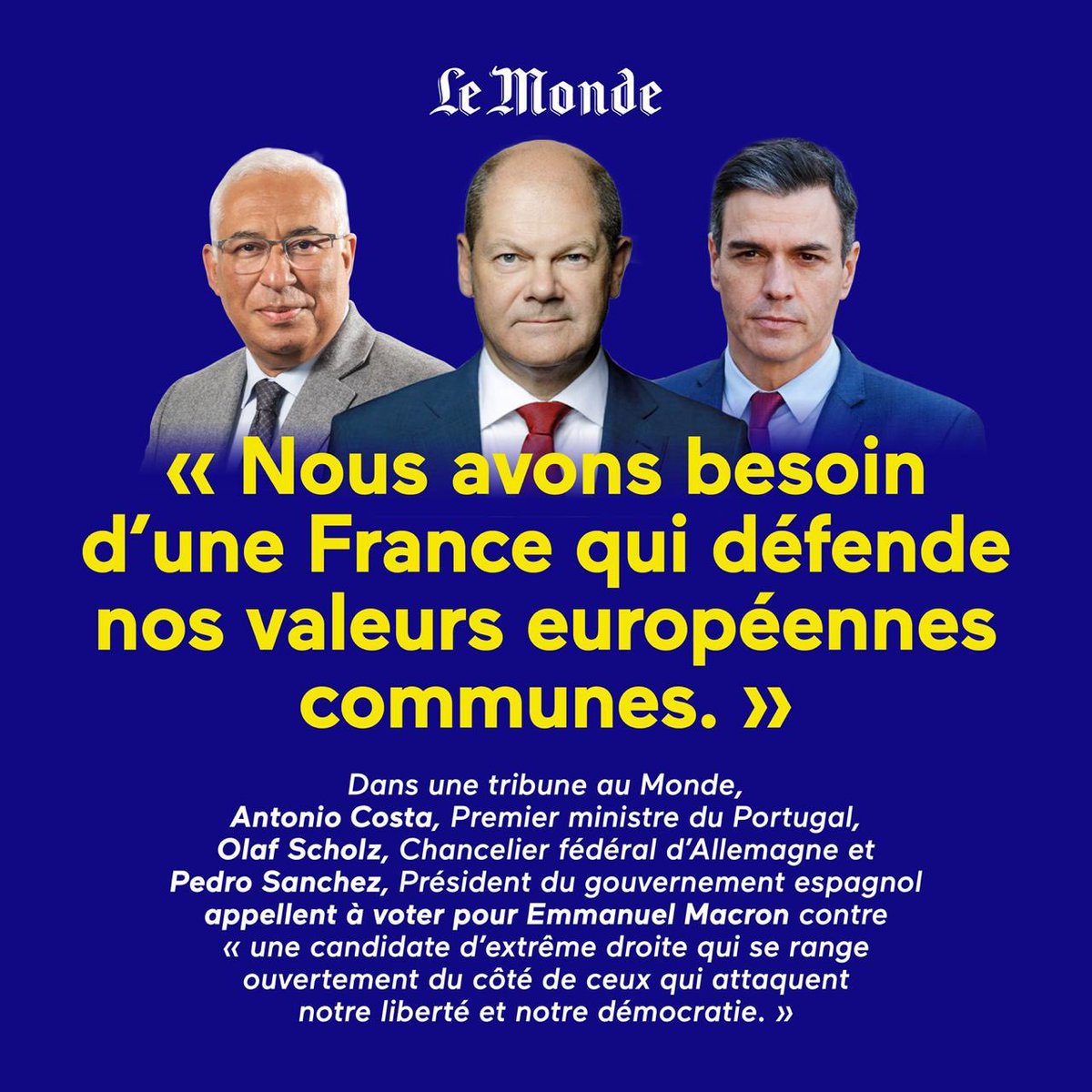 AlexQuiec's tweet photo. 3 Chefs d’Etat européens appelant à voter contre l’extrême-droite et pour @EmmanuelMacron ! 

Un message fort, 20 ans jour pour jour après le 21 avril 2002 👏🇪🇺 #NonALExtremeDroite 
https://t.co/9z32ajo9S6 https://t.co/hZQtOTrwKz