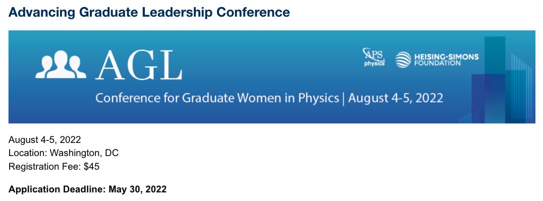 FlipTanedo's tweet photo. New Advancing Graduate Leadership conference from @APSphysics and the @HSFdn for women and gender minority graduate students; a bit like "CUWIP for grad students." 😀

Applications due May 30. In-person, Aug 4-5 in DC. They cover travel expenses.

https://t.co/PiX0iSvflp https://t.co/JKOx9dSUdx