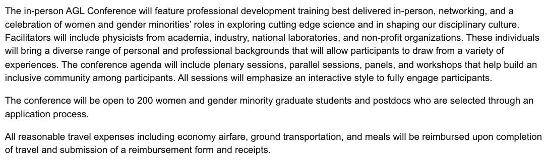 Flip Tanedo (@fliptanedo) on Twitter photo New Advancing Graduate Leadership conference from <a href="/APSphysics/">American Physical Society</a> and the <a href="/HSFdn/">Heising-Simons Foundation</a> for women and gender minority graduate students; a bit like "CUWIP for grad students." π
Applications due May 30. In-person, Aug 4-5 in DC. They cover travel expenses.
aps.org/careers/agl/coβ¦ New Advancing Graduate Leadership conference from <a href="/APSphysics/">American Physical Society</a> and the <a href="/HSFdn/">Heising-Simons Foundation</a> for women and gender minority graduate students; a bit like "CUWIP for grad students." π
Applications due May 30. In-person, Aug 4-5 in DC. They cover travel expenses.
aps.org/careers/agl/coβ¦