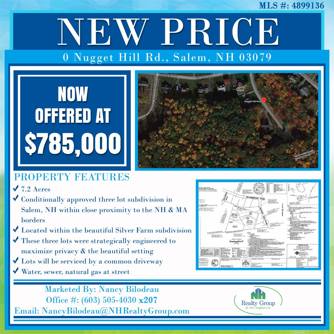 📣NEW PRICE!!!
0 Nugget Hill Road, Salem, NH is NOW offered at $785,000!
For more details call or email Nancy Bilodeau!
Office #: (603) 505-4030 x207
Email: NancyBilodeau@NHRealtyGroup.com
#priceadjustment #newprice #forsale #land  #locationlocationlocation #salemnh #realestate