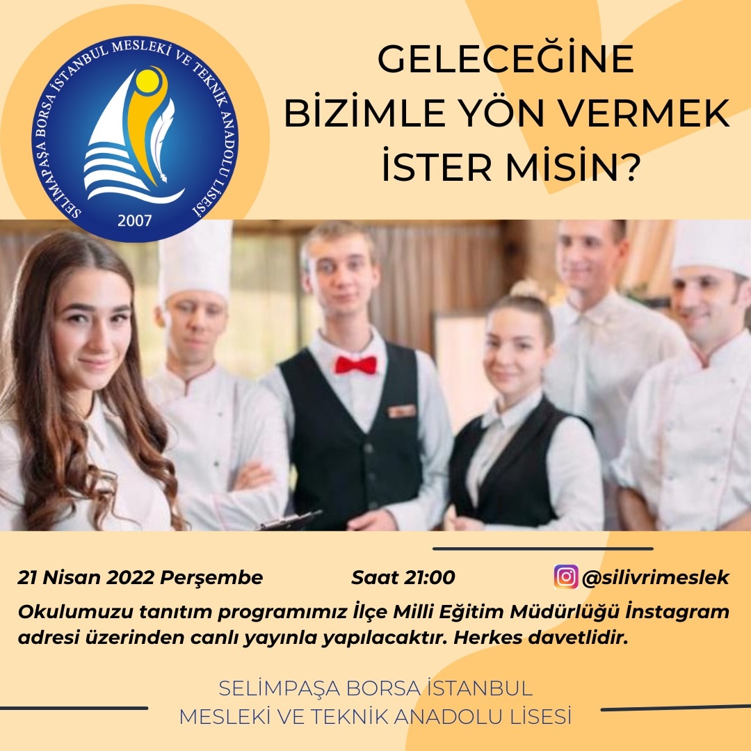 📣 Silivri Meslek Liseleri Tanıtım Günleri devam ediyor!
8. Sınıf öğrencilerimize ve velilerimize yönelik tanıtım programlarımızda bugün konuğumuz:
Selimpaşa Borsa İstanbul MTAL 
⏰ 21.00
🎥 Instagram “<a href="/silivrimeslek/">Silivri Meslek Liseleri</a>”
Tüm öğrencilerimizi ve velilerimizi bekliyoruz.