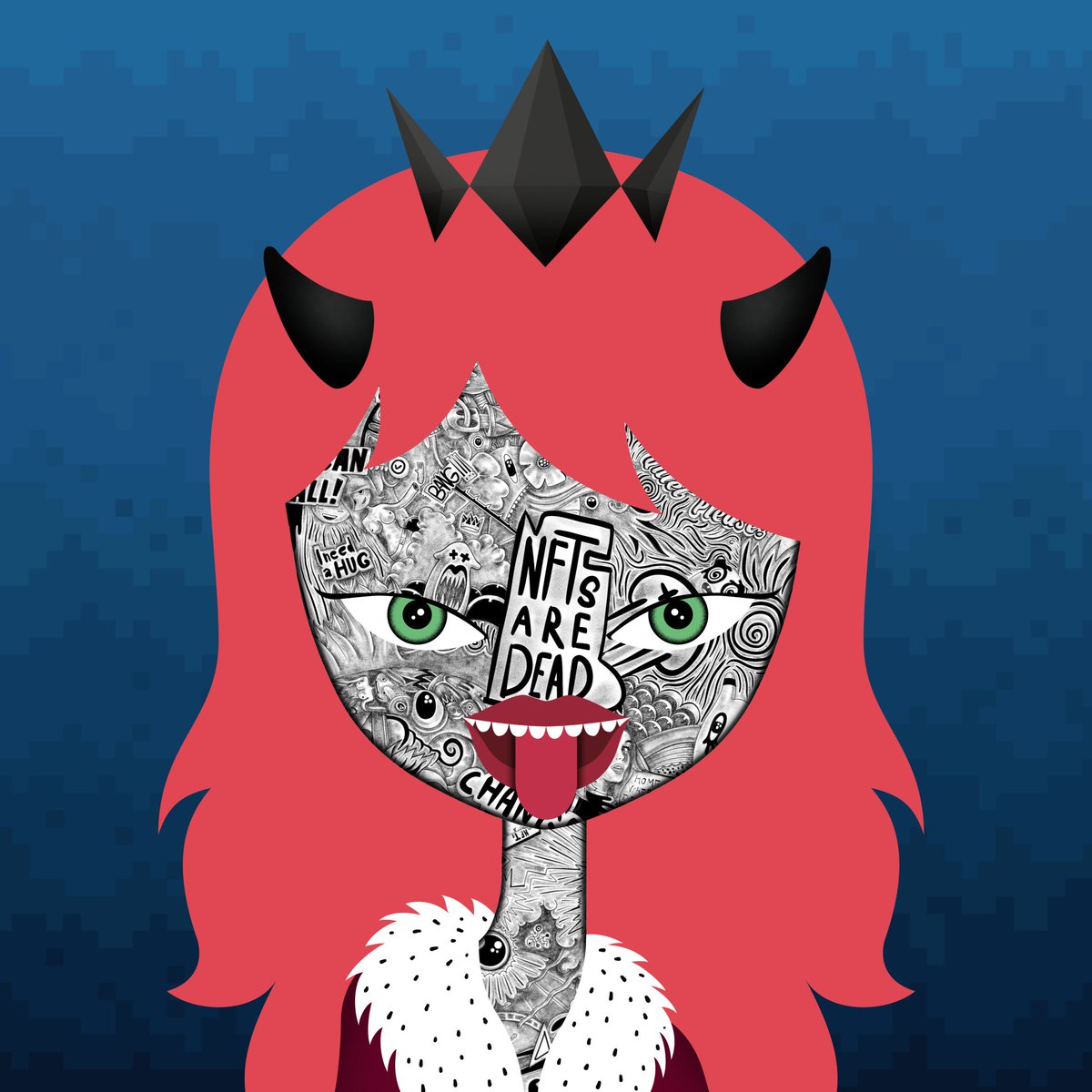 Hackatao's tweet image. Great Q+K! 
we like the way you combined crown and horns. It makes she particularly spiky! CongratZ! 

Q+K #3982 hacked by @UsefulCalamity