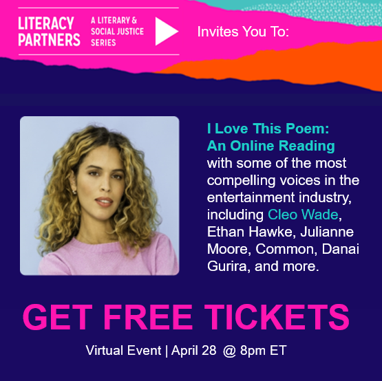 LitPartners's tweet photo. Join Cleo Wade for I Love This Poem: An Online Reading on Thursday, April 28 at 8:00pm ET. Get Tickets HERE: https://t.co/ZVJ2gp7Amp
#LiteracyPartners #racialjustice #socialjustice #ilovethispoem #wordsshapeourworld #backbypopulardemand #poetrymonth #cleowade https://t.co/NTtMYoMqNl