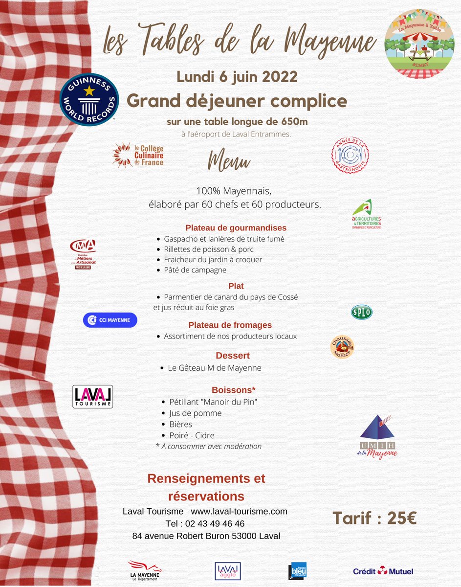 🍽️ Les #TablesdelaMayenne :
60 chefs et 60 producteurs de la #Mayenne vous convient à leur grand déjeuner complice du 6 juin, avec 650 mètres de table pour établir un nouveau #record de la plus grande tablée.🏆

🎟️Infos et réservations auprès de @LavalTourisme