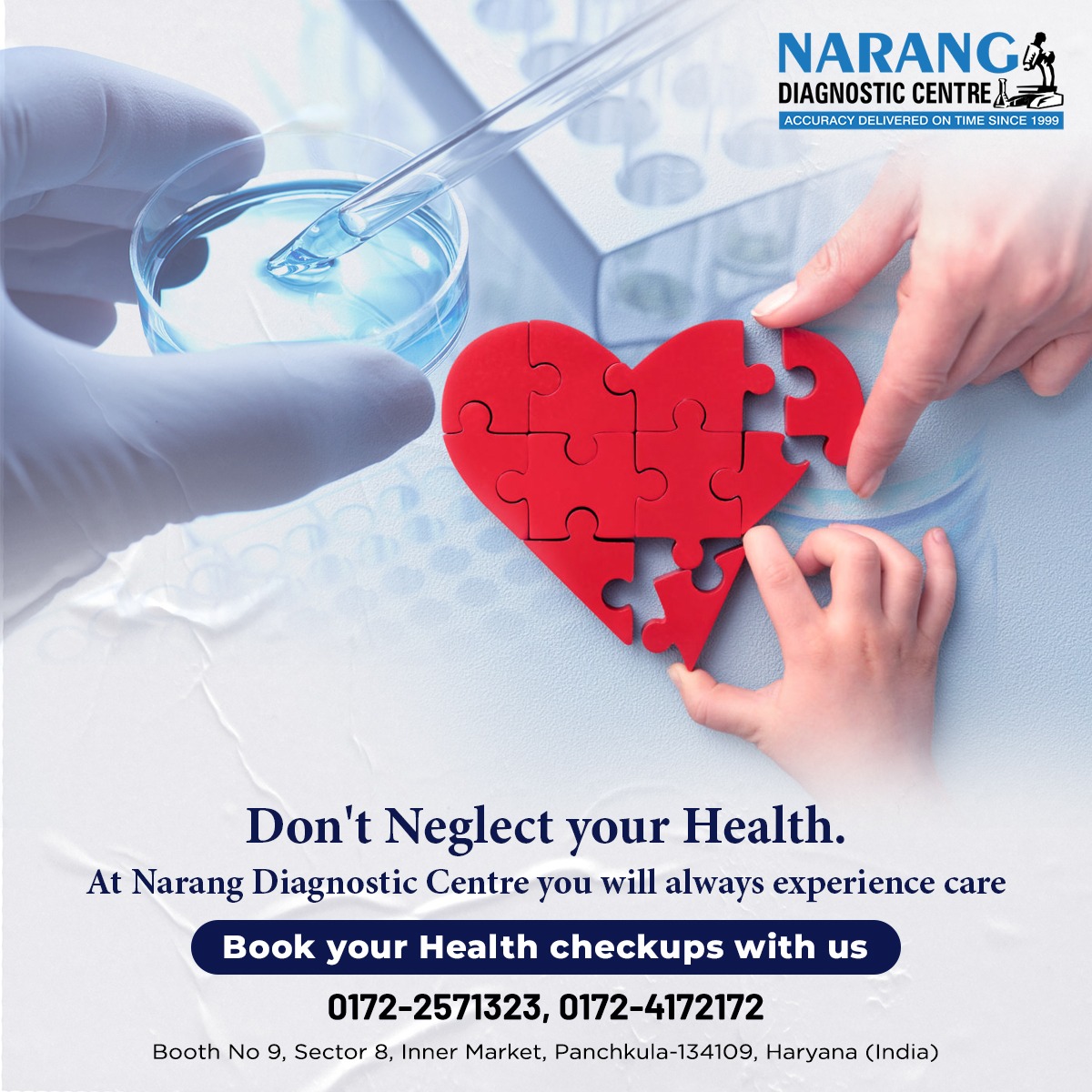 Don't Neglect your 𝐇𝐞𝐚𝐥𝐭𝐡. At 𝗡𝗮𝗿𝗮𝗻𝗴 𝗗𝗶𝗮𝗴𝗻𝗼𝘀𝘁𝗶𝗰 𝗖𝗲𝗻𝘁𝗿𝗲, you will always experience care

Book your 𝐇𝐞𝐚𝐥𝐭𝐡 𝐂𝐡𝐞𝐜𝐤-𝐮𝐩 - 0172-2571323 or 0172-4172172

#Healthcheckup #Healthpackage #Diagnosticcentre #Trusteddiagnosticcentre #Wholebodycheckup