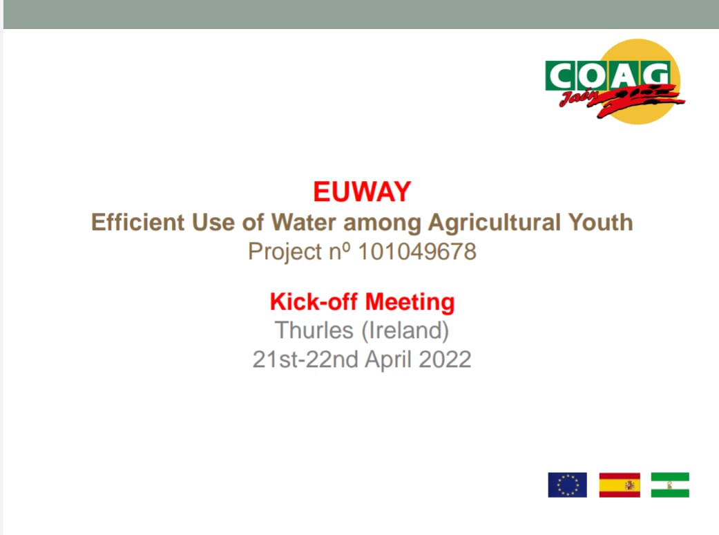 COAGJaen's tweet photo. Estamos hoy en la reunión inicial del Proyecto #ErasmusPlus, #EUWAY, en el que participa como socio COAG-JAÉN. La reunión es en Thurles (Irlanda). Hablamos de aumentar la capacidad de los jóvenes agricultores para optimizar el uso del agua. El proyecto empieza durará 24 meses. https://t.co/cjkl1tQwUL