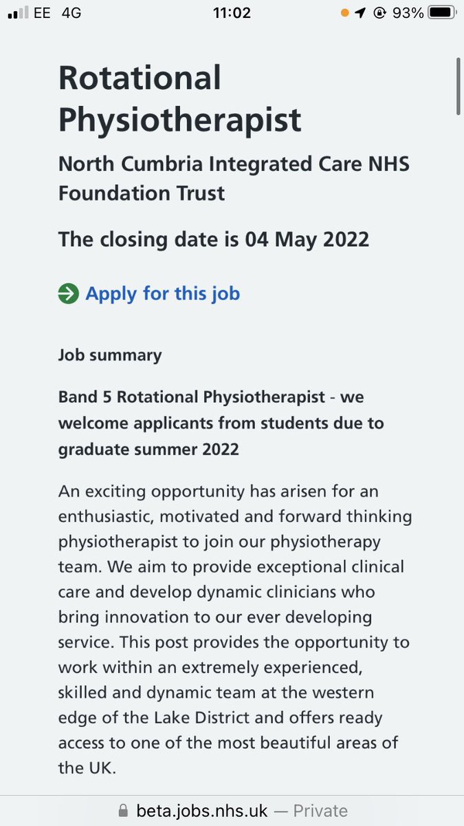 Fabulous opportunity to join the amazing physiotherapy team at WCH <a href="/NCICNHS/">North Cumbria Integrated Care NHS Foundation Trust</a> <a href="/UoC_Physio/">UoC Physiotherapy</a> <a href="/CumbriaPhysio/">Cumbria Physio</a> <a href="/nuphysiosoc/">NorthumbriaUni Physio</a> <a href="/SocietyTeesside/">Teesside University Physiotherapy Society</a> <a href="/thecsp/">Chartered Society of Physiotherapy (CSP)</a>