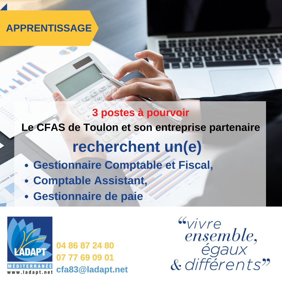 Rejoignez notre CFAS de <a href="/LADAPTMED/">LADAPT MÉDITERRANÉE</a>, situé à Toulon, et notre cabinet comptable partenaire pour un contrat d'apprentissage, 3 postes sont à pourvoir
#handicap #rqth #apprentissage #cfas #inclusion