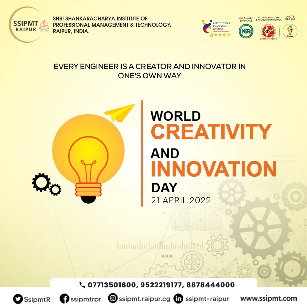 Let's celebrate ourselves because we are the innovators of the future, and inside us, there is always a creative thinker.
#WorldCreativityandInnovationDay #Creativity #Innovation #HappyWorldCreativityandInnovationDay #WorldCreativityandInnovationDay2022 #SSIPMT #Raipur