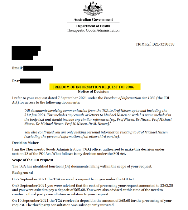 Jikkyleaks's tweet photo. And, weirdly (but not), TGA FOI 2986 does not appear on the TGA disclosure log. 

How strange is that? https://t.co/pA4DW7eSeu