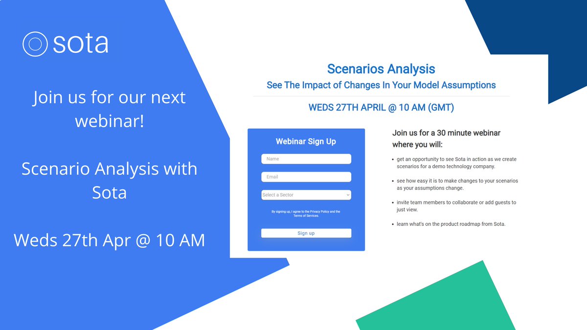 getsota's tweet photo. Join us for our next live webinar - 'Scenario Analysis with Sota' - on 27th April @ 10 am. Sign up below. It's going to be a good one!

https://t.co/x9gEtuD9AP https://t.co/Q7UR0MmIoi