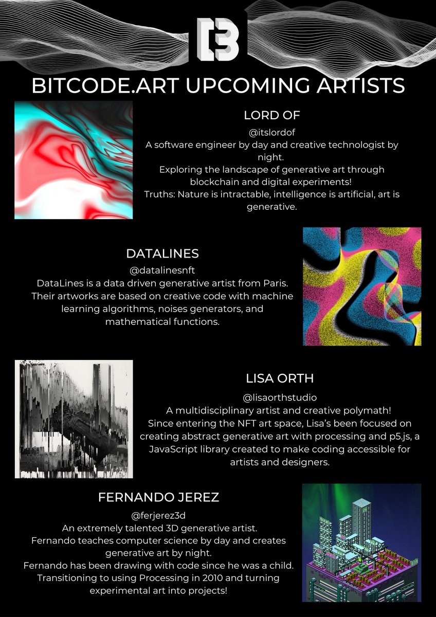 bitcode_art's tweet image. 🤯 Upcoming Artists on BITCODE.ART 🤯
It's a stacked line-up so far!
👉 @itslordof
👉 @DataLinesNft
👉 @lisaorthstudio
👉 @ferjerez3d
Welcome them with open arms and ,ake sure you go check out their art😱
