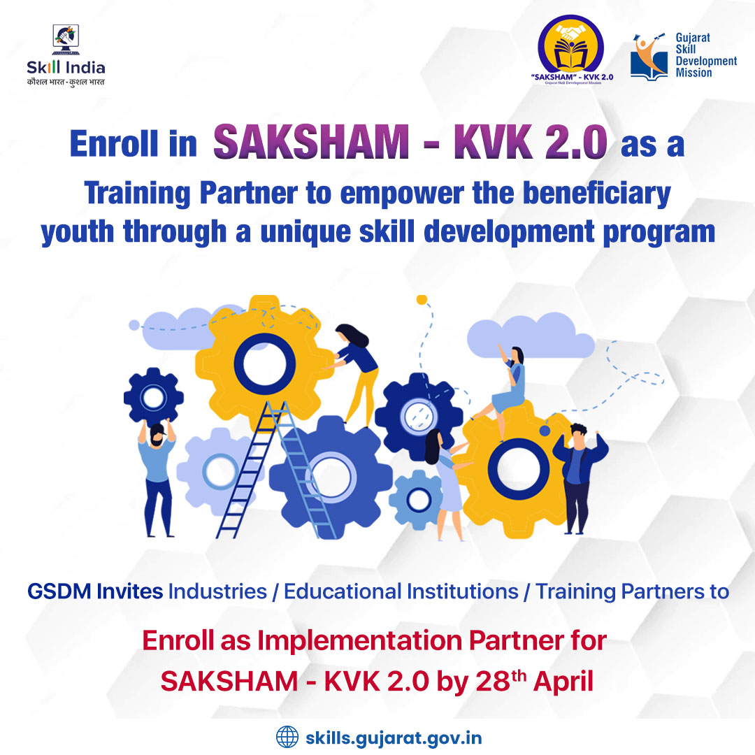GSDMOfficial's tweet photo. Join GSDM's SAKSHAM - KVK 2.0 as Training Partner in making the youth of Gujarat, SAKSHAM & ATMANIRBHAR.
For More Information:
https://t.co/QZ9twQaz71
#SAKSHAM #KVK #GSDM #SkillIndia #GujaratSkillDevelopmentMission https://t.co/oHrZYKOBz3