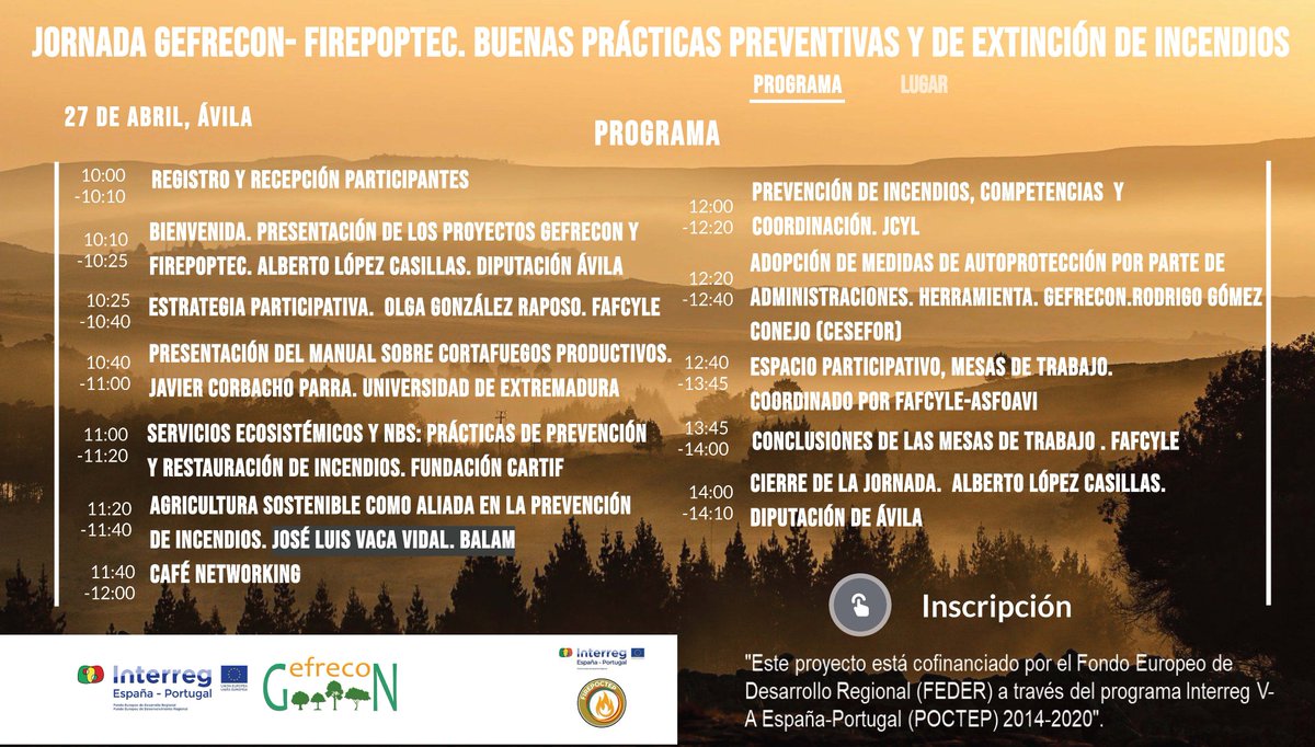 IngForestal50's tweet photo. JORNADA GEFRECON- FIREPOPTEC. Buenas prácticas preventivas y de extinción de incendios.

Ávila, 27 de abril.
Inscripciones: https://t.co/ltt9TThz2d https://t.co/mIYHWKO7EZ