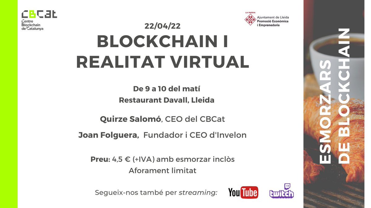 TICSud's tweet photo. L'empresa del #TICSud, @InvelonTech participa a l'esmorzar sobre #Blockchain i #RealitatVirtual que el @CBCat_io organtiza demà a #Lleida!
📆22/4
⏰9h
📍Restaurant Davall @lallotjalleida
Encara us hi podeu inscriure! ⬇️👇
https://t.co/G5QuQmQHHZ
#SegellTICSud #Invelon #Experts https://t.co/Lo6ce0PBEp