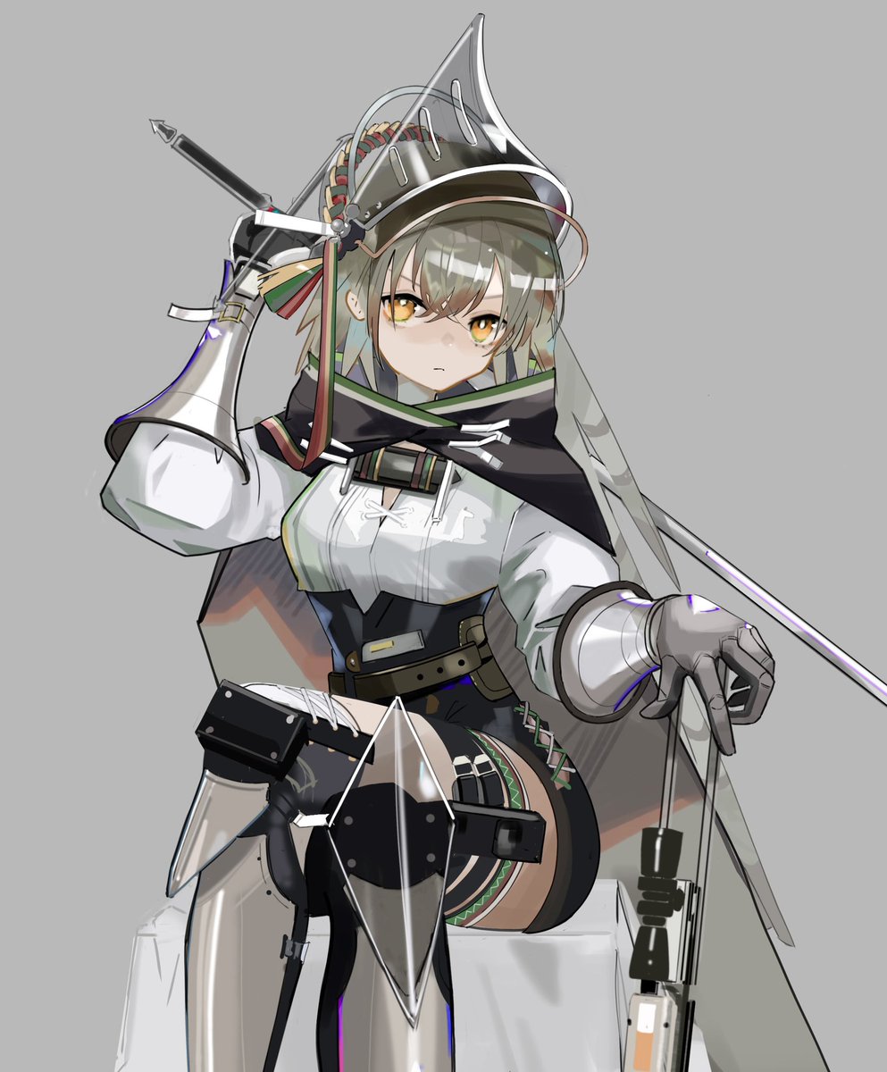 1girl solo visor (armor) shorts shirt grey background white shirt  illustration images