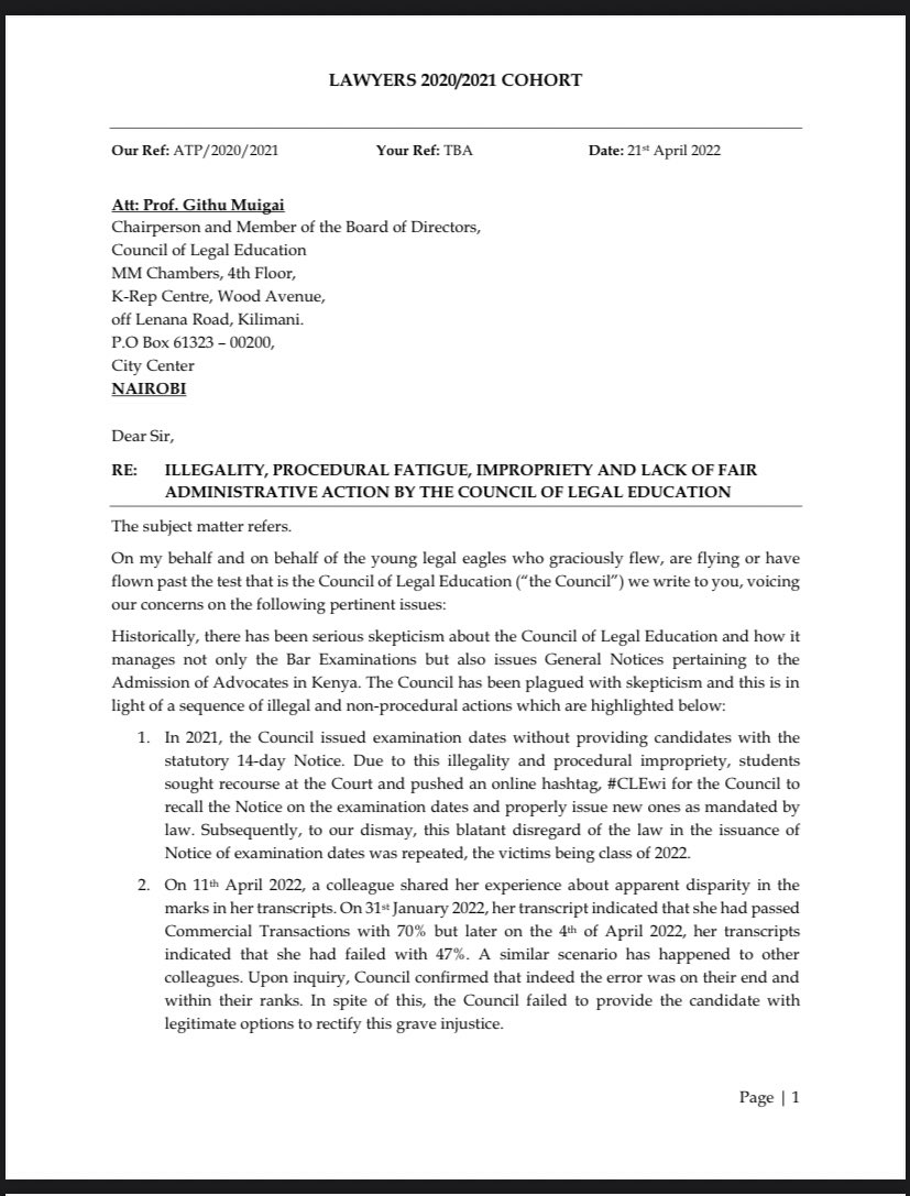 mayar_dollin's tweet photo. Today we have decided to formally launch our call for reforms with @CLE_Kenya @SchoolofLawKE through this letter.Accountability starts here.
To the legal fraternity & supporters, please join the cause and have your voice heard #CLEwi #CryForYoungLawyers #CLEReforms #DisbandCLE https://t.co/1rzN4mNQaN