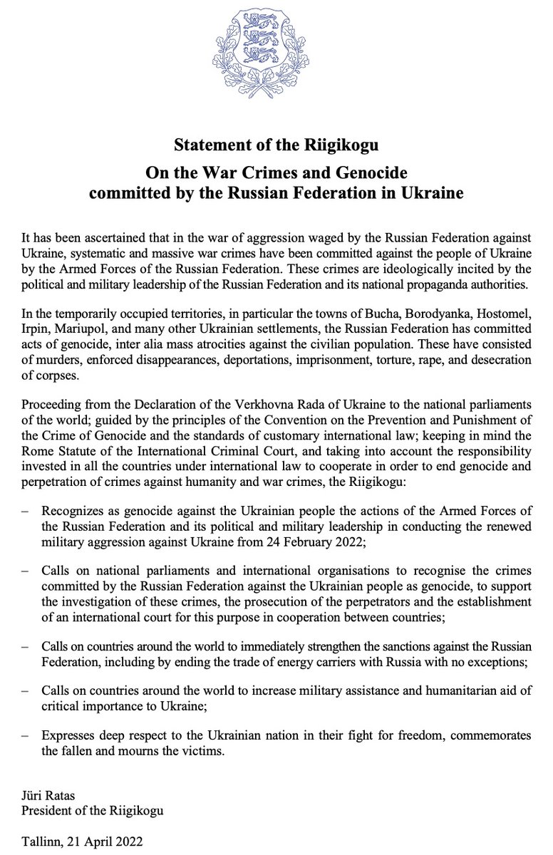 Parliament of #Estonia adopted the statement "On the War Crimes and Genocide committed by the Russian Federation in Ukraine". We call on national parliaments and int organisations to recognise the crimes committed by 🇷🇺against 🇺🇦 people as genocide. Help 🇺🇦to stop genocide!