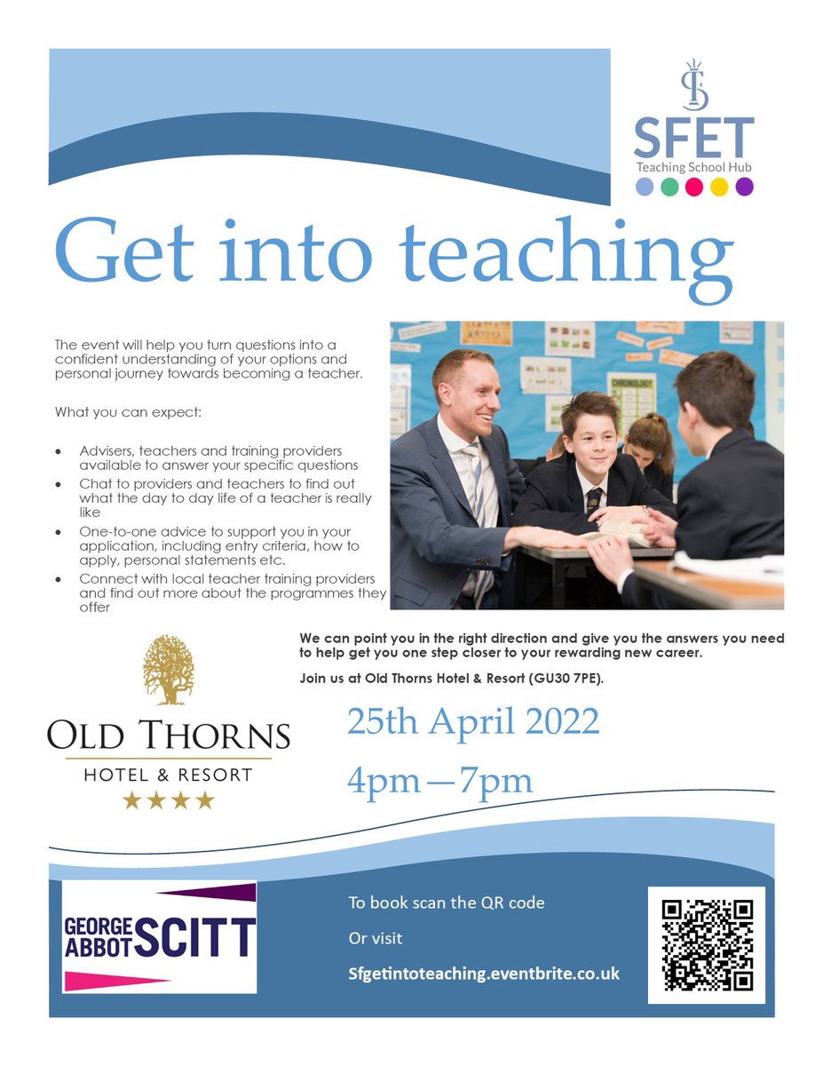 Interested in training to teach? Come along and chat to local providers on Monday 25th April @OldThornsHotel from 4 - 7pm.