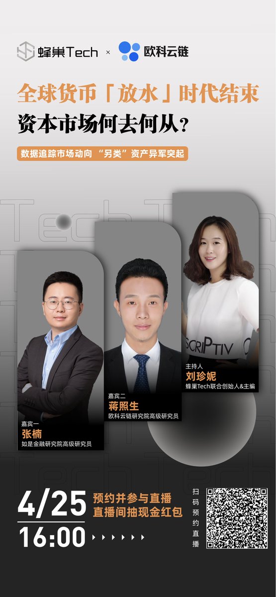 HiveTechCN's tweet photo. 全球货币「放水」时代结束，传统资产VS加密资产谁更胜一筹？

4月25日16点，蜂巢Tech视频号连线如是金融研究院高级研究员张楠、欧科云链研究院高级研究员蒋照生，用数据追踪市场动向，解读异军突起的“另类”资产。

转发本推并关注@hivetechcn，4月25日12点抽1人送88USDT。
https://t.co/oGlS90V12M https://t.co/4WXKzLBFzR