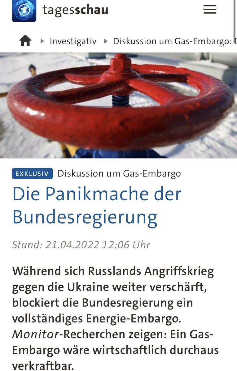 Statt mutig und entschlossen zu handeln, 🇩🇪Führungsstärke zu zeigen und ein sofortiges Embargo für 🇷🇺Öl &amp; Gas zu verhängen, um den größten Geldstrom für die Putinsche Mordmaschinerie trockenzulegen &amp; den Krieg zu stoppen, wird in 🇩🇪Panikmache betrieben👇🏻tagesschau.de/investigativ/m…
