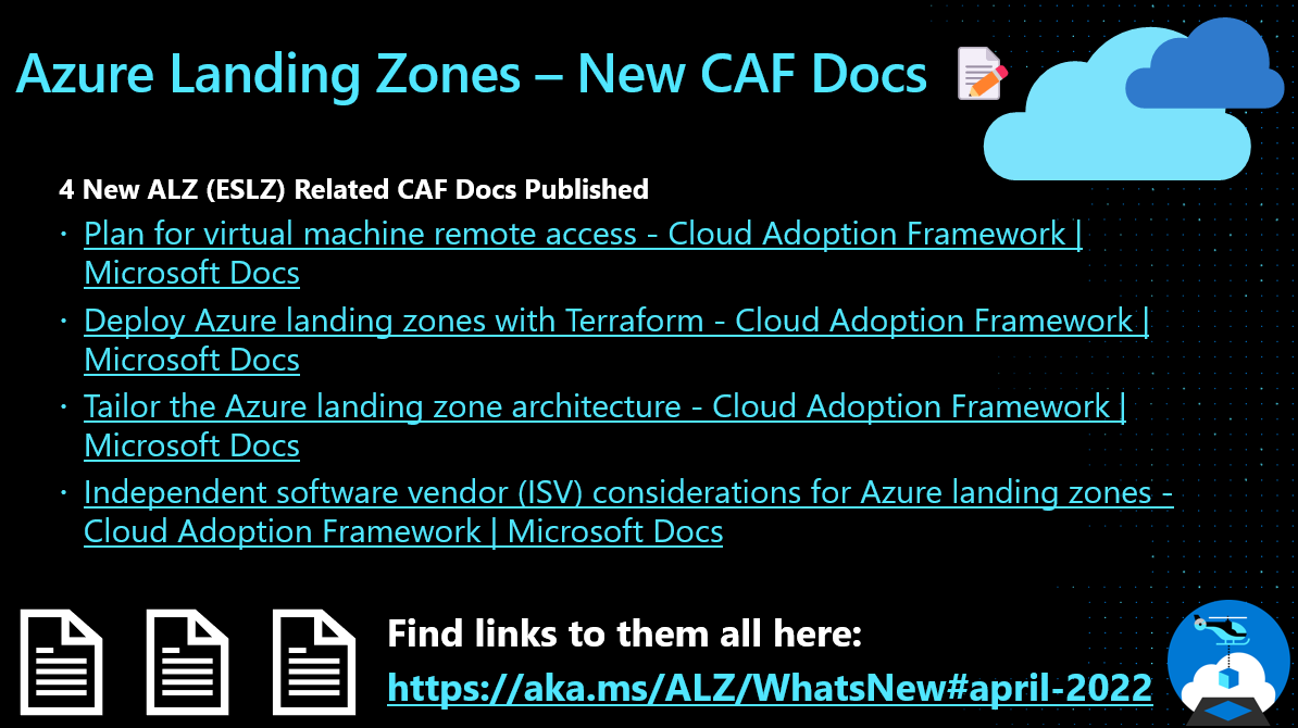 We have been busy on the #CAF docs side of things for #AzureLandingZones (#EnterpriseScale) this month

Checkout all the new docs and latest updates here: 
aka.ms/ALZ/WhatsNew#a…

#Azure #AzureFamily #CloudFamily #MSFTAdvocate #ALZ