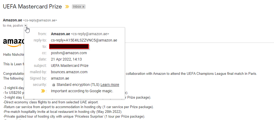 itsnishchint's tweet photo. @AmazonAE 

I received a spam email &amp; call with all my account details, past order details &amp; last 4 digits of my card. I checked email headers and confirmed all the SPF &amp; DKIM records were from https://t.co/MycEfzZmQQ. How is this possible? #hacked #spam #Amazon https://t.co/cBjA7AbcsN