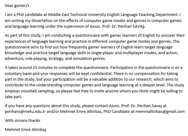 I'm collecting data for my PhD dissertation on the effects of modes and genres on learning English through computer games. If you are a non-native English speaker who has experience with different computer game modes and genres, you can participate via forms.gle/cbXeKpdSPhxhYs…