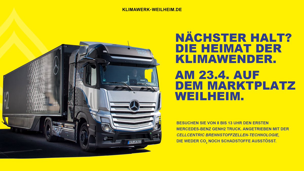 Besuchen Sie den ersten Mercedes-Benz #GenH2 Truck. Angetrieben mit der #cellcentric Brennstoffzellen-Technologie, die weder CO2 noch Schadstoffe ausstößt.

Zur Veranstaltung: fb.me/e/2u1dAb0Jw #klimawerk #weilheim #atTRUCKtion