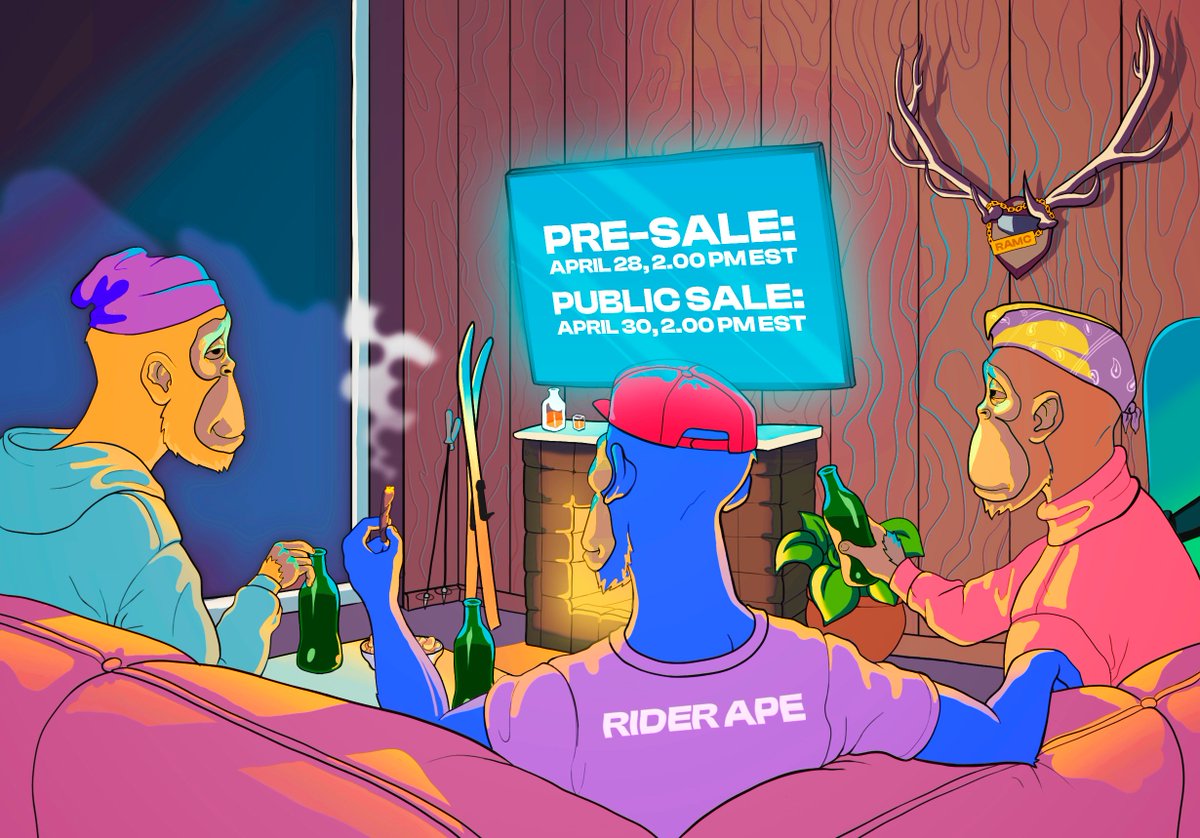 x23 Whitelist Spot 👑 
Rider Ape Mountain Club open doors on April🌪️

✅ Just RT &amp; Follow <a href="/ramcnft/">Rider Ape Mountain Club NFT | MINT IS LIVE</a>

🍕 Events and contests for $30,000 among holders
☄️ Free airdrops for holders
🤑 Giveaway for $15,000 among holders

🗓️ Pre-sale: April 28, EST 2.00 pm
💎 .04 ETH

⌛️ Ends in 48h