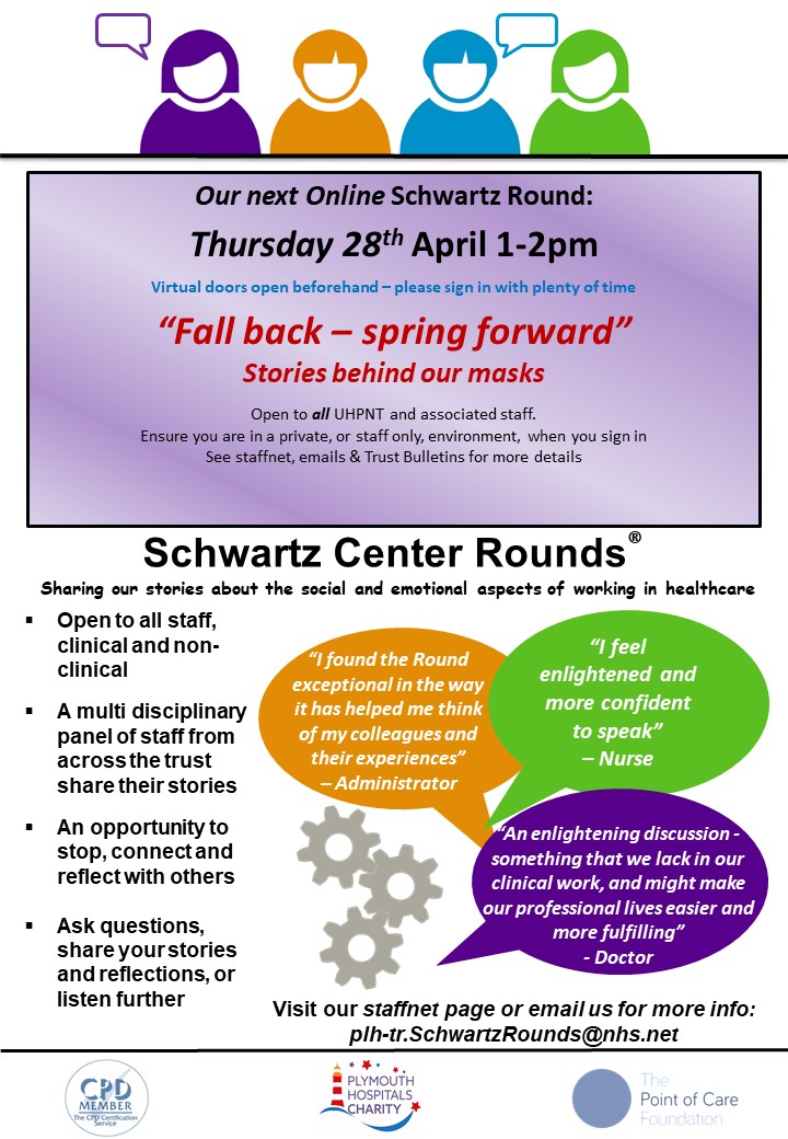 University Hospitals Plymouth NHS Trust (@uhp_nhs) on Twitter photo Do you work for <a href="/UHP_NHS/">University Hospitals Plymouth NHS Trust</a>?
Have you attended a Schwartz Round yet?
Our next round is being held on 28 April 13:00 – 14:00 and is open for all members of staff, clinical and non-clinical.
To find out how to join visit the StaffNET page. Do you work for <a href="/UHP_NHS/">University Hospitals Plymouth NHS Trust</a>?
Have you attended a Schwartz Round yet?
Our next round is being held on 28 April 13:00 – 14:00 and is open for all members of staff, clinical and non-clinical.
To find out how to join visit the StaffNET page.