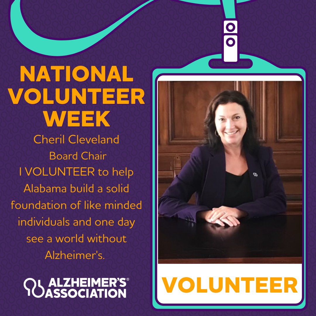 endalzal's tweet photo. #NationaVolunteerWeek spotlight ,Cheril Cleveland! Cheril has volunteer for the Alabama Chapter for over the years as an Advocate, Co-Chair for Walk, Community Educator and now Chair of the Board of Directors. Thank you Cheril for giving your time and talents to #EndAlz! https://t.co/Gz1ujlv9dc