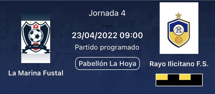 JORNADA 4|

🆚 La Marina FS.
📅 Sábado 23 Abril.
🕘 09:00h.
📍 Pabellón de la Hoya.

#VamosRayo ⚡️