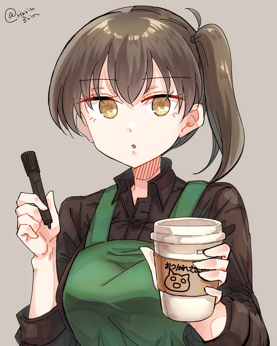 kaga (kancolle) 1girl solo green apron apron disposable cup side ponytail brown eyes  illustration images