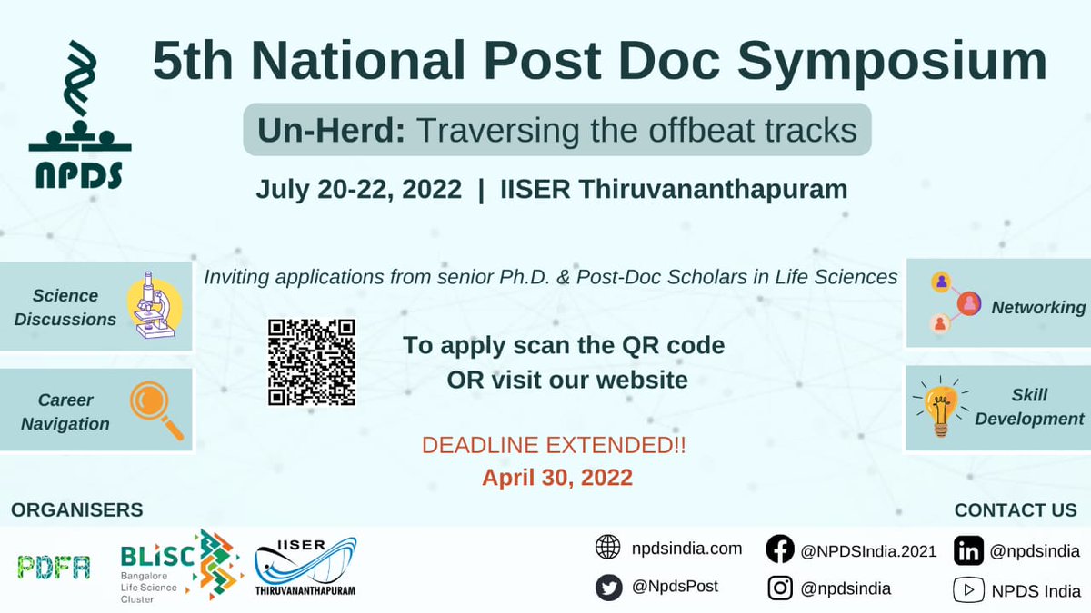 Haven't registered yet?🤨

On huge demand, the deadline for #NPDS is extended till 30th April 2022🗓️
Apply soon👉bit.ly/3JamwRa

#paneldiscussions #networking #careernavigation #academia #industry #entrepreneurship #scicomm #workshops