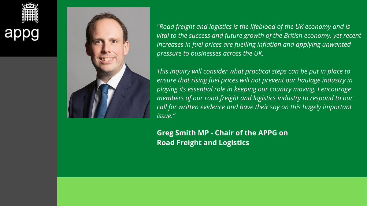 roadfreightappg's tweet photo. The APPG is delighted to launch its new inquiry on #fuelduty, under the direction of Chair @gregsmith_uk.

We encourage all members of the Freight and Logistics industry to have their say in this inquiry through our short 5 minute online survey: https://t.co/0pl3x73IuA. https://t.co/MWzuqEFe4C