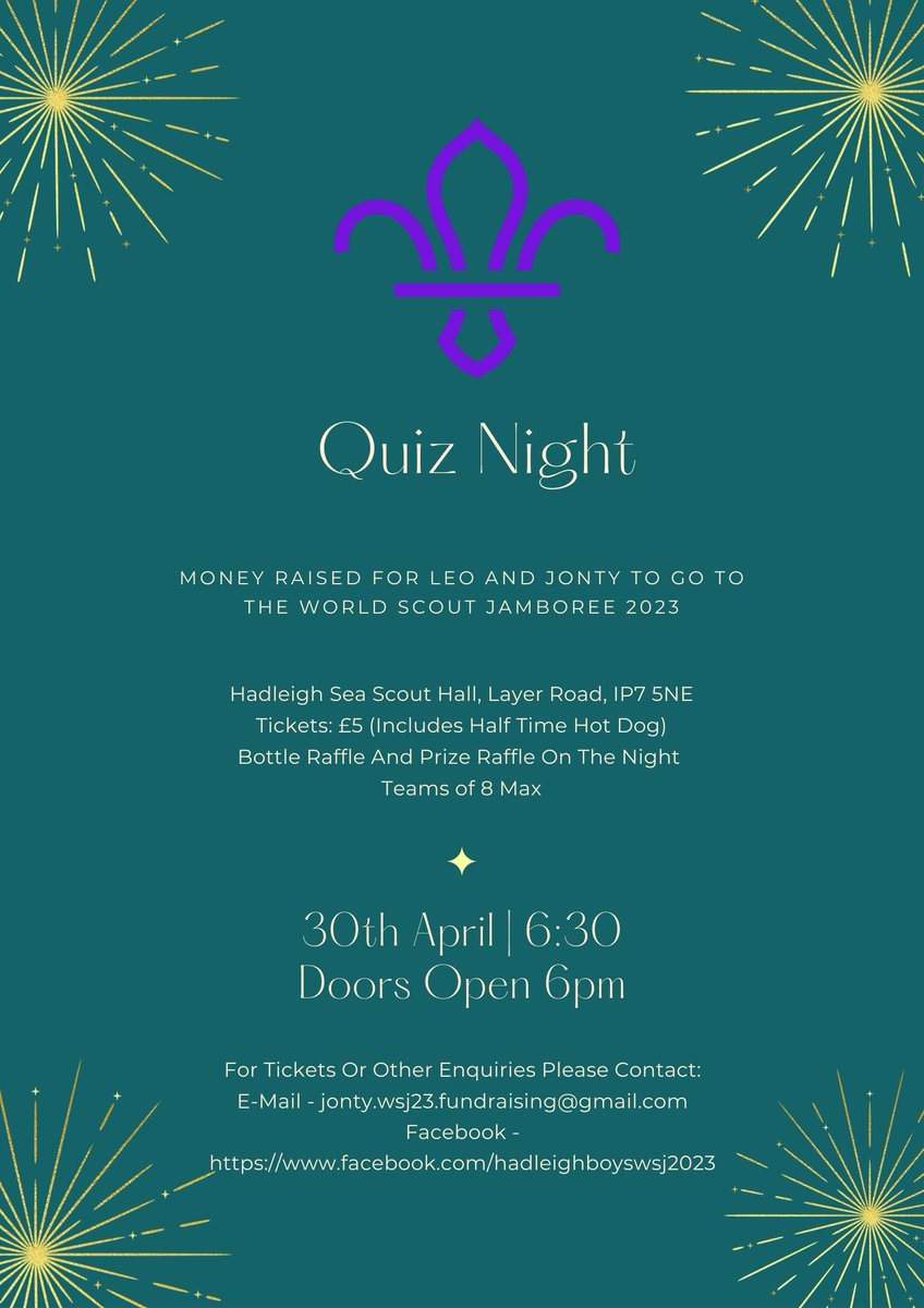 QUIZ NIGHT - 30th April
#hadleigh #hadleighsuffolk #wsj23 #unit27 #hadleighseascouts #seascouts #fundraising #quiznight #scouthut #southkorea #quizmasterrichard #teamsof8 #ukcontingent #tombola #tombolas #hadleighexplorers #explorers #maythebestteamwin #raffleprizestobewon