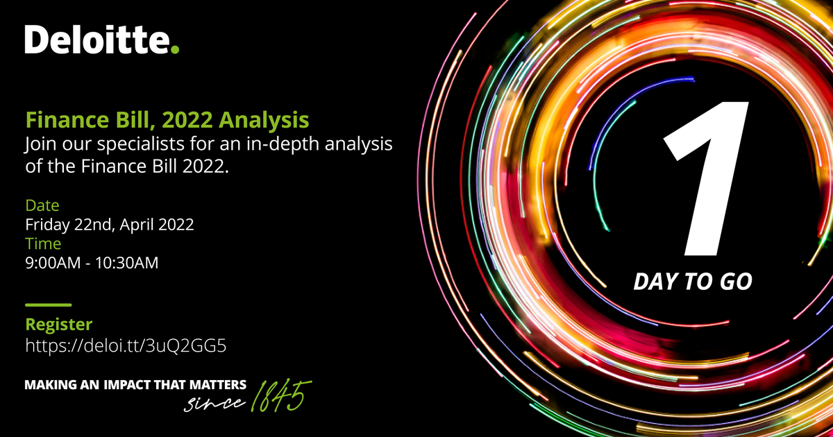 DeloitteKenya's tweet photo. Our Finance Bill, 2022 Analysis webinar is almost here! Register and join our experts as they break down the proposed amendments to the various statutes through the bill and analyze their impacts.

https://t.co/aszAGhae5Q

#BudgetKe2022 #GrowthInUncertainTimes #Budget2022Ke https://t.co/2a6Vx3iXEN