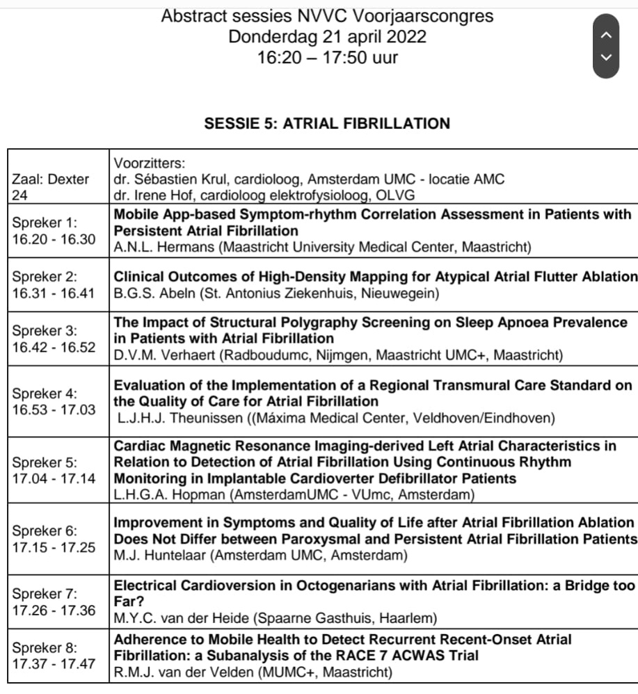 Dominique Verhaert (@doverhaert) on Twitter photo At #NVVC2022? Join the #atrialfibrillation abstract session later today!
⏰ 16:20-17:50
📍 Dexter 24
Featuring:
<a href="/AstridHermans/">Astrid Hermans</a> on app-based symptom-rhythm correlation
<a href="/RachelvdVelden_/">RachelvdVelden</a> on mobile health adherence
And me on #sleepapnea prevalence in AF patients At #NVVC2022? Join the #atrialfibrillation abstract session later today!
⏰ 16:20-17:50
📍 Dexter 24
Featuring:
<a href="/AstridHermans/">Astrid Hermans</a> on app-based symptom-rhythm correlation
<a href="/RachelvdVelden_/">RachelvdVelden</a> on mobile health adherence
And me on #sleepapnea prevalence in AF patients