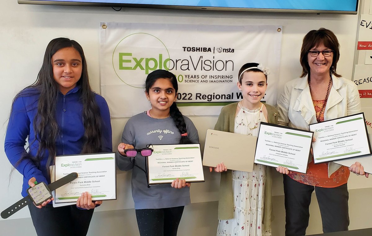 ToshibaAmerica's tweet photo. Shout out to the ExploraVision Awards 30th regional winners' #Innovation, “#EpiKit!" Congrats to Gurraina Brar, Harita Dilip, Josephine Strelka, and their coach, Ms. Sharon Hushek of the Forest Park Middle School, Franklin, WI! 🥳Good luck on the national round!🖖 https://t.co/m9bfg4TY6R