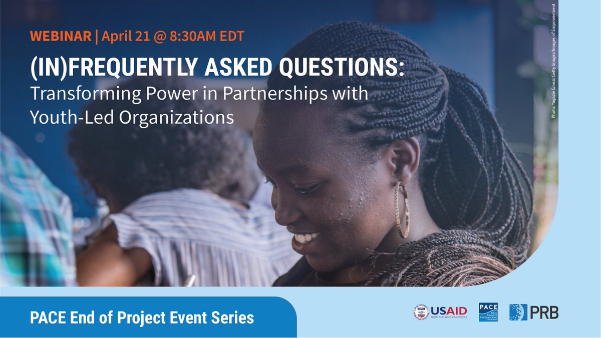 PRBdata's tweet image. 🕣 T-1 

Let&apos;s talk about creating equitable engagements with youth-led organizations. We start at 8:30 a.m. ET. bit.ly/PACEYouthEvent

@GirlsPlatform @BRIDGECONNECTNG @YUWAtweets @wetrustyouth @usaid @USAIDGH #PACEproject