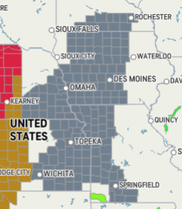 A dense fog advisory (dark gray) is in effect for a southern Minnesota, western Iowa, western Missouri, eastern Kansas, and southeastern Nebraska Thursday morning: https://t.co/YbLetQBHqt https://t.co/E4Q7RQYJQF