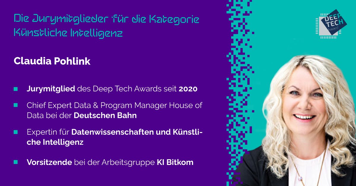 deeptechberlin's tweet photo. Claudia Pohlink (@cloudy_pooh) darf in der aktuellen #KI-Jury des #DeepTechAwards22 nicht fehlen! Seit 2022 ist sie als Chief Expert Data & Program Manager House of Data bei der @DB_Presse tätig und gilt als Expertin für KI. Schön, dass Sie dabei sind. 🙏 #DeepTechBerlin #DTA https://t.co/Cv1CHGFwjW