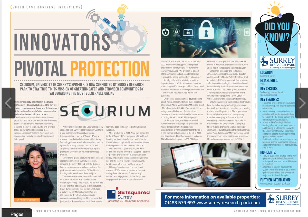 So happy to see this published. Read about how/why <a href="/SecuriumLTD/">Securium</a>  came to be and our mission in the April/May issue of South East Business magazine. bit.ly/37sSXNi 
#techforgood #onlinesafetytech #saferinternet  #womenininnovation #womeinnovate #innovateuk @sebmagazine