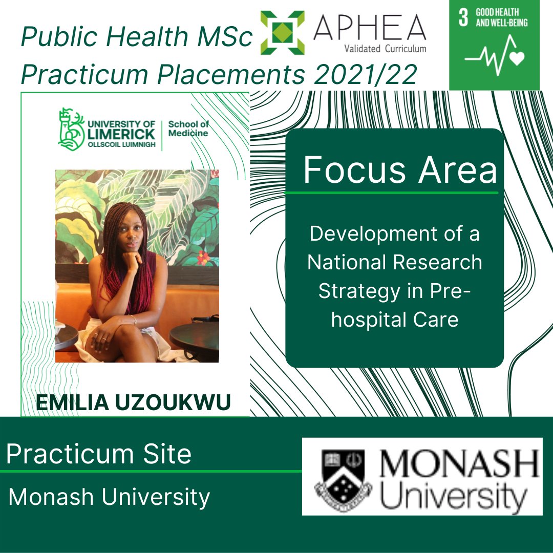 PublicHealthUL's tweet photo. 🚩Delighted to introduce you to Emilia Uzoukwu.🚩

Emilia will be working with one of our new international partners, @MonashUni, Australia.

Her focus area will be on #Development of a #NationalResearch Strategy in #PrehospitalCare.

#PublicHealthUL #monashuni https://t.co/ywuaswTBaF