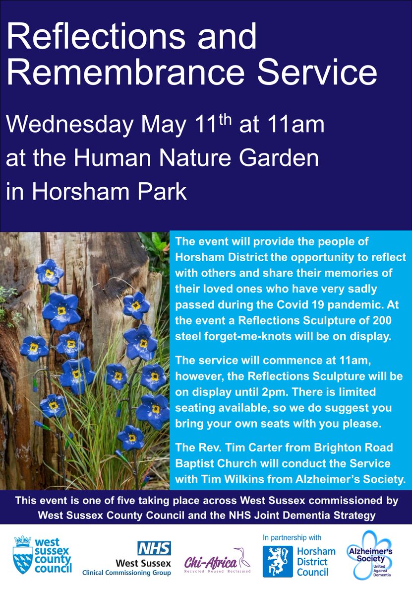 Over 21,000 people passed away during the pandemic, everyone has been affected. A Reflections sculpture of 200 steel Forget Me Nots will be touring West Sussex. An opportunity to share memories of your loved ones that will be collated for a public book of remembrance.